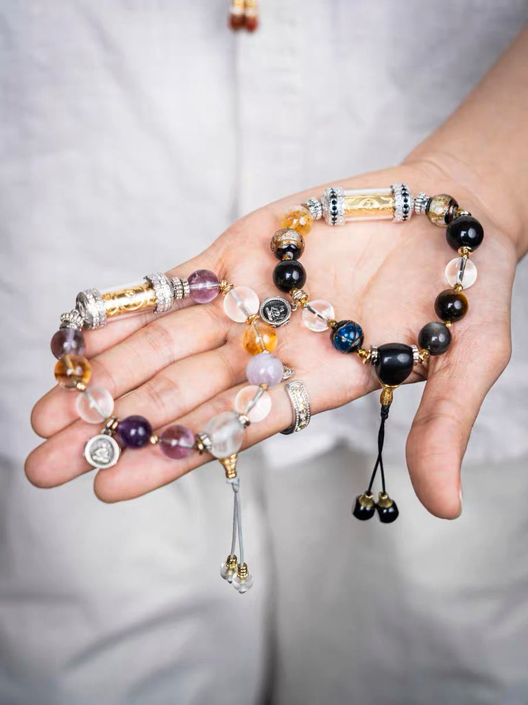 Compassion and Prosperity Crystal Bracelet – Green Tara & Yellow Jambhala Blessing