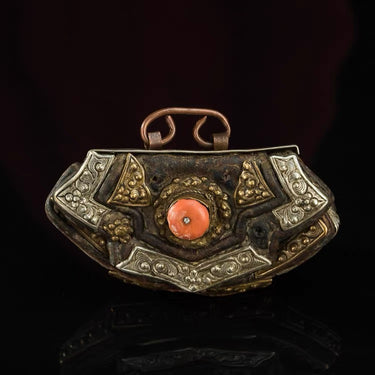 Qing Dynasty Tibetan Yak Leather Coral Inlaid Antique Wallet from Tibet