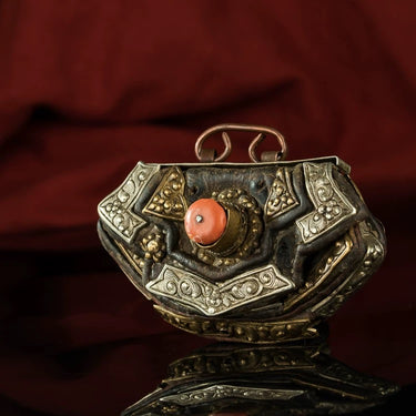 Qing Dynasty Tibetan Yak Leather Coral Inlaid Antique Wallet from Tibet