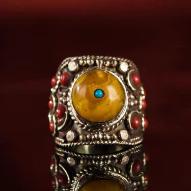 Tibetan Sterling Silver Amber Ring from Tibet