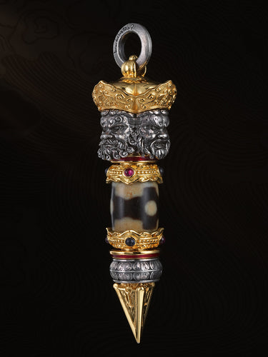 Divine Protection Mandala Dzi Silver Pendant Four Heavenly Kings