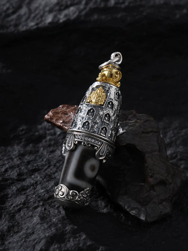 Grounding Protection Earth Gate Four-Eyed Dzi Silver Pendant