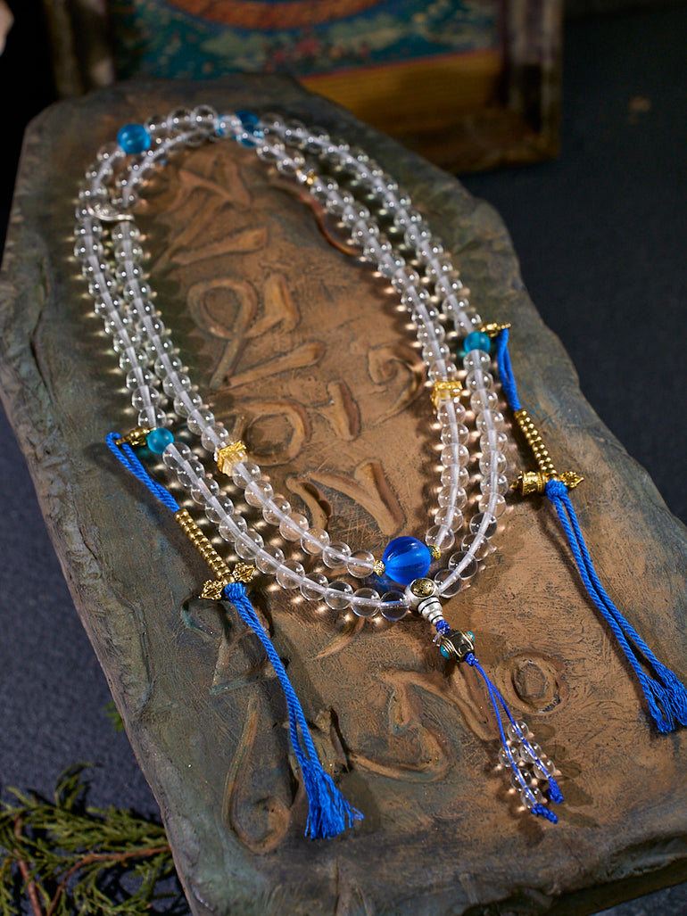 108 Clear Quartz Colored Glaze Mala Necklace