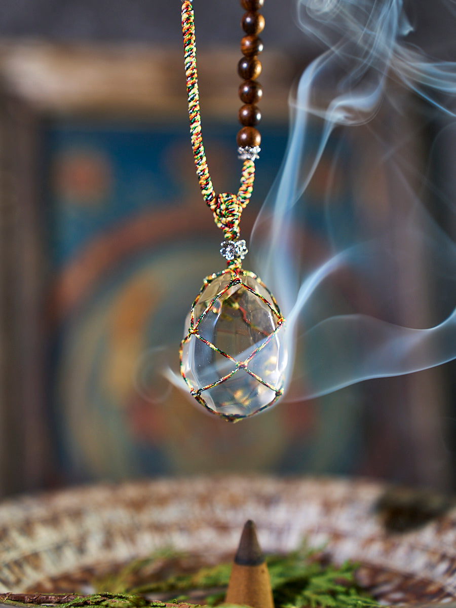 Wire Wrapped Clear Quartz Lapis Lazuli Wood Bead Necklace