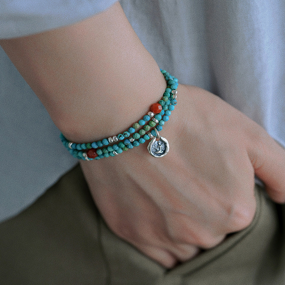 Turquoise Prosperity Wrap Necklace & Bracelet with Silver Buddha Charm