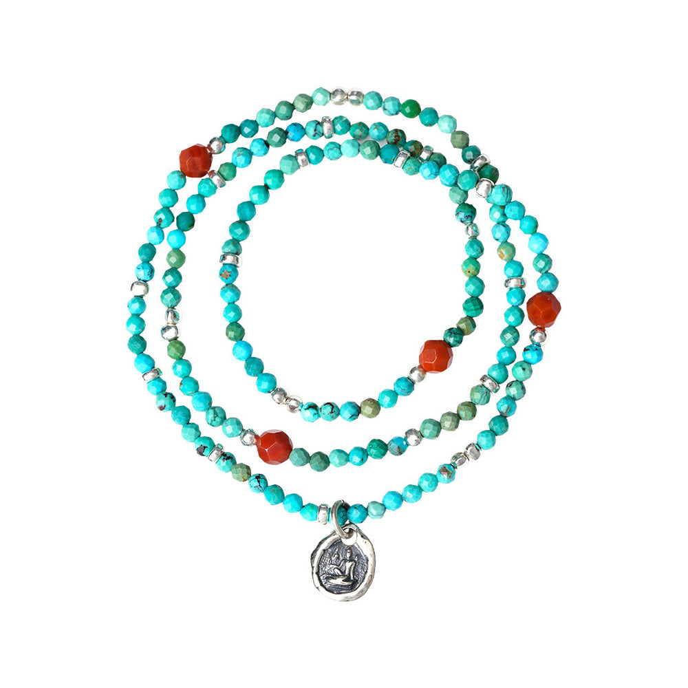 Turquoise Prosperity Wrap Necklace & Bracelet with Silver Buddha Charm