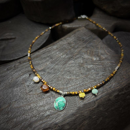 Tibetan Natural Tourmaline Tiger Eye Turquoise Amber Choker Necklace for Wealth and Protection