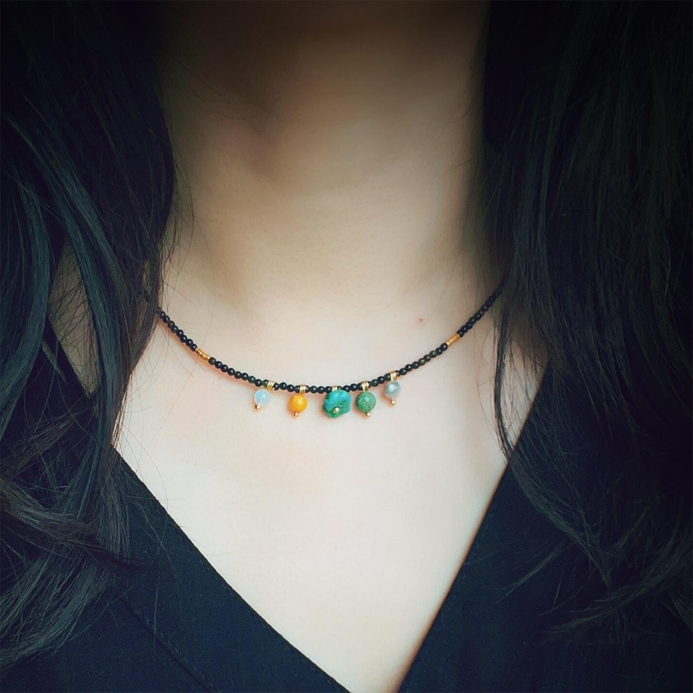 Tibetan Natural Tourmaline Tiger Eye Turquoise Amber Choker Necklace for Wealth and Protection