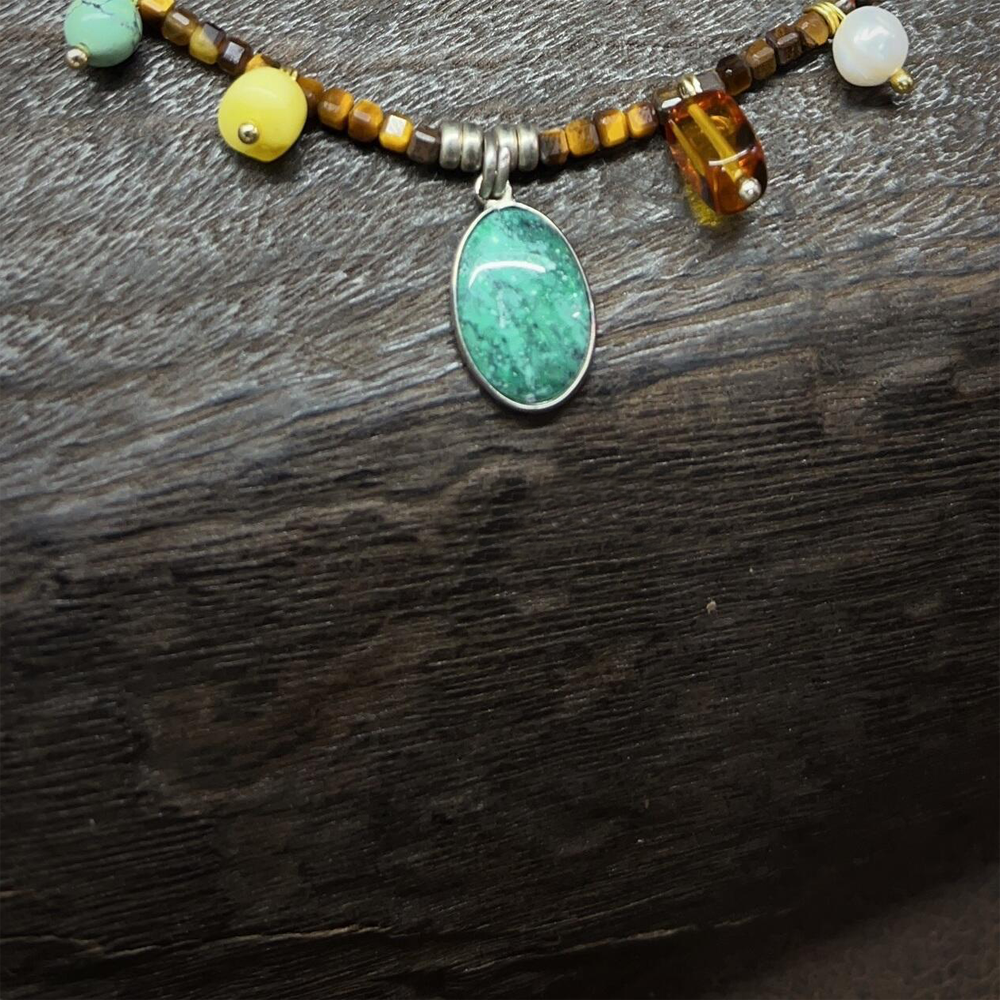 Tibetan Natural Tourmaline Tiger Eye Turquoise Amber Choker Necklace for Wealth and Protection