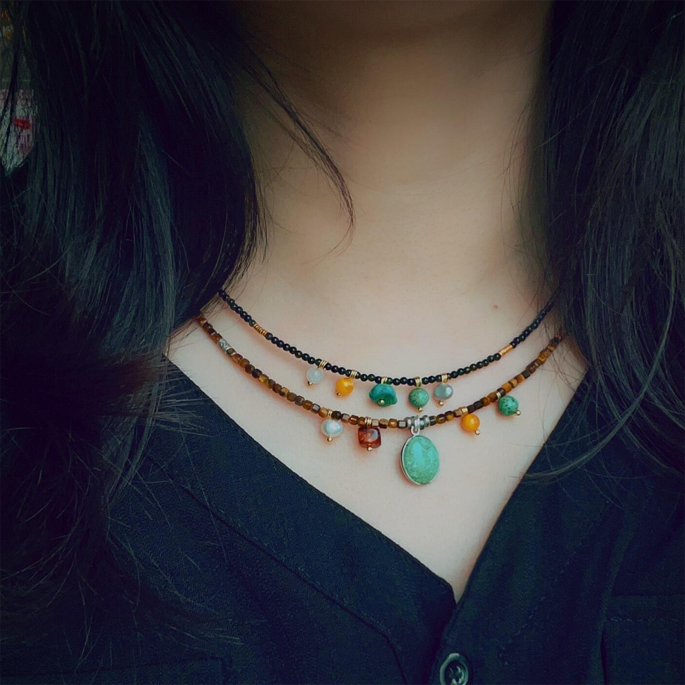 Tibetan Natural Tourmaline Tiger Eye Turquoise Amber Choker Necklace for Wealth and Protection