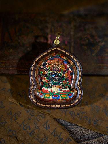 Fierce Protection Six-Armed Mahakala Tsa Tsa Leather Pendant