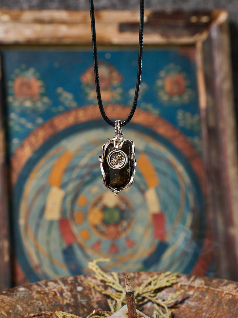 Fearless Courage Black Tourmaline Vajra Totem Silver Necklace