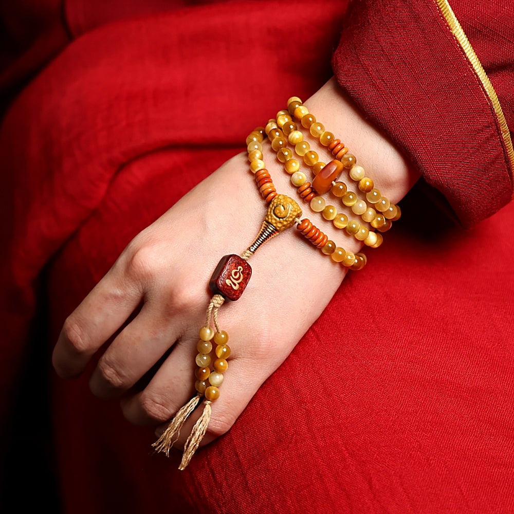 Tibetan Wealth Tiger Eye & Amber Necklace