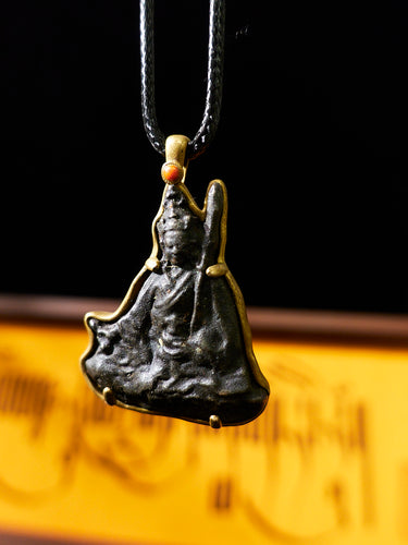 Thokcha Padmasambhava Pendant Necklace: Brass-Bordered Meteoritic Iron Amulet Artifact