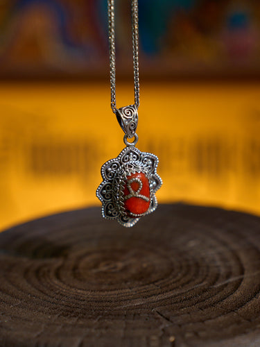 Sacred Love Pendant with Red Coral and Turquoise – A Himalayan Symbol of Devotion and Harmony