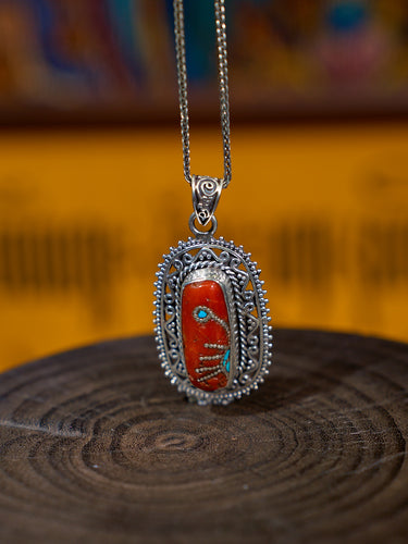 Pendant of Devotion with Red Coral and Turquoise – A Himalayan Emblem of Love and Harmony