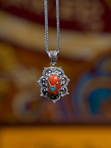 Heart of Harmony Pendant with Red Coral and Turquoise – A Himalayan Symbol of Love and Compassion