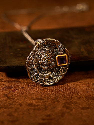 Removal of Obstacles Śmaśāna-Adhipati Pendant with Amethyst Silver Plated Gold Protection