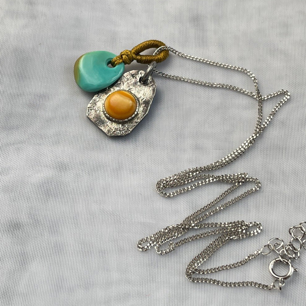 Fortune Dual Amulet Necklace Natural Turquoise & Amber Wealth Pendant with Silve