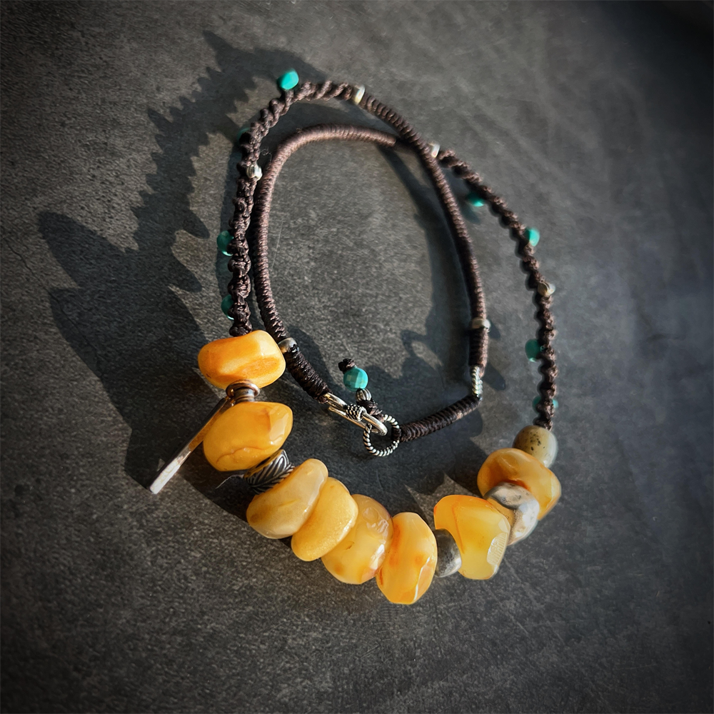 Tibetan Natural Raw Amber And Turquoise Traditions Knotted Choker Necklace For Wealth