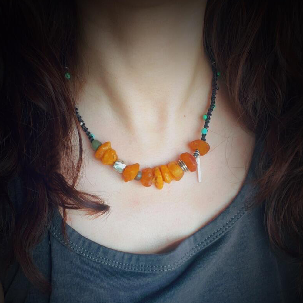 Tibetan Natural Raw Amber And Turquoise Traditions Knotted Choker Necklace For Wealth