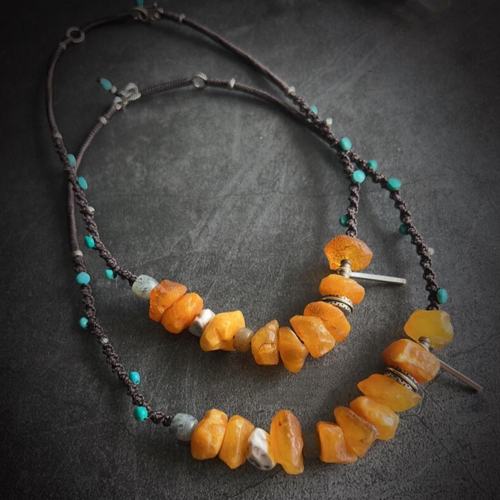 Tibetan Natural Raw Amber And Turquoise Traditions Knotted Choker Necklace For Wealth