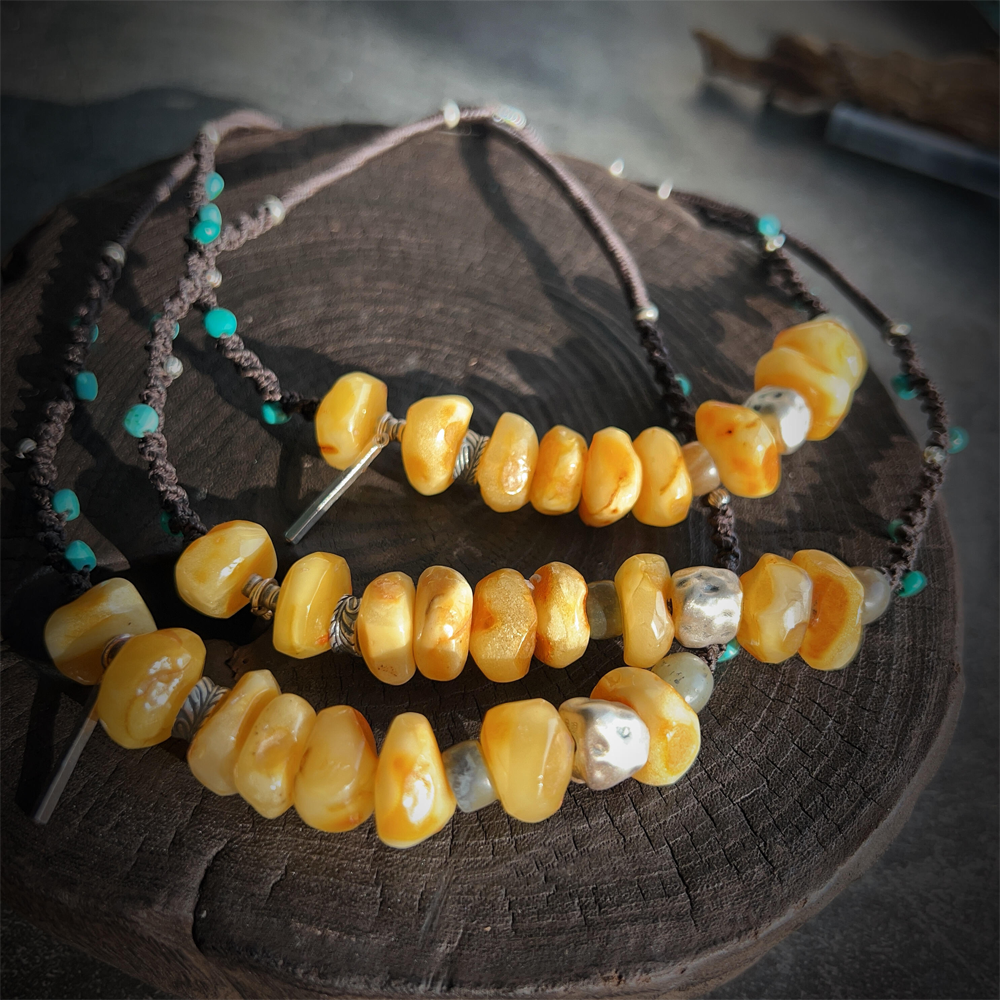 Tibetan Natural Raw Amber And Turquoise Traditions Knotted Choker Necklace For Wealth