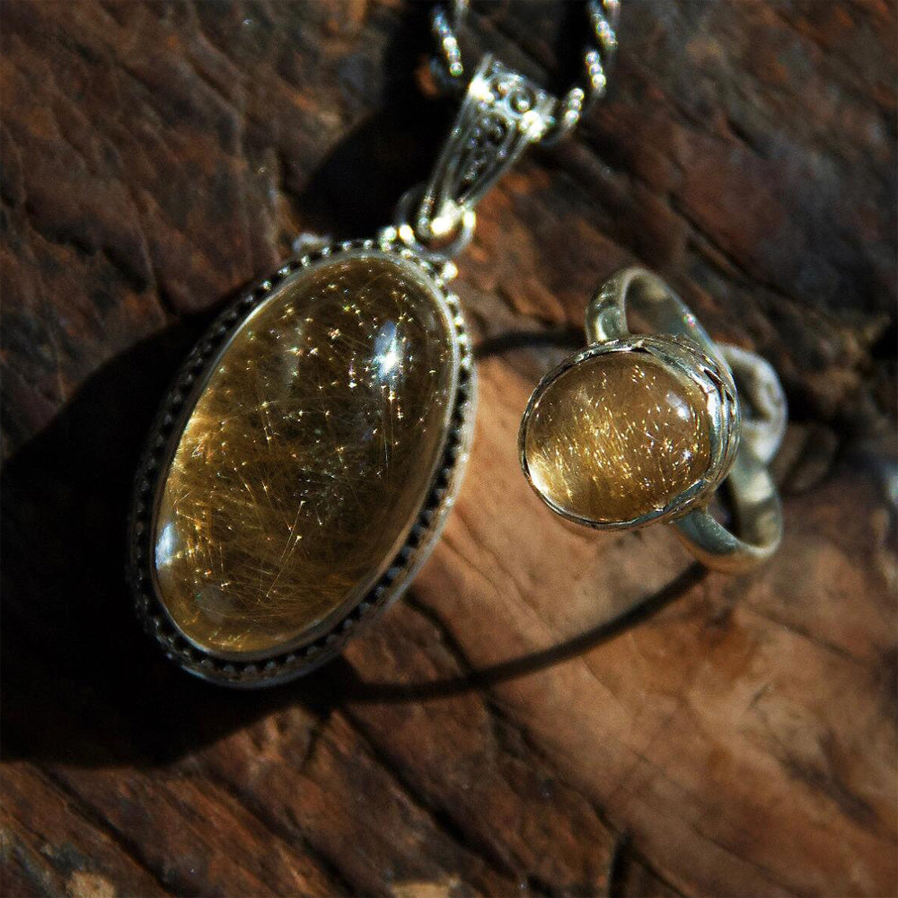 Golden Prosperity Rutilated Quartz Pendant Handmade Wealth Energy Amulet