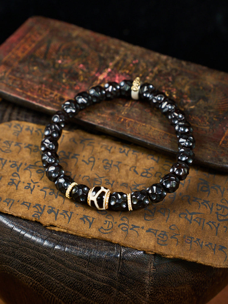 Skull Carved Coconut Shell Dzi Agate Gold Silver Tibetan Bracelet