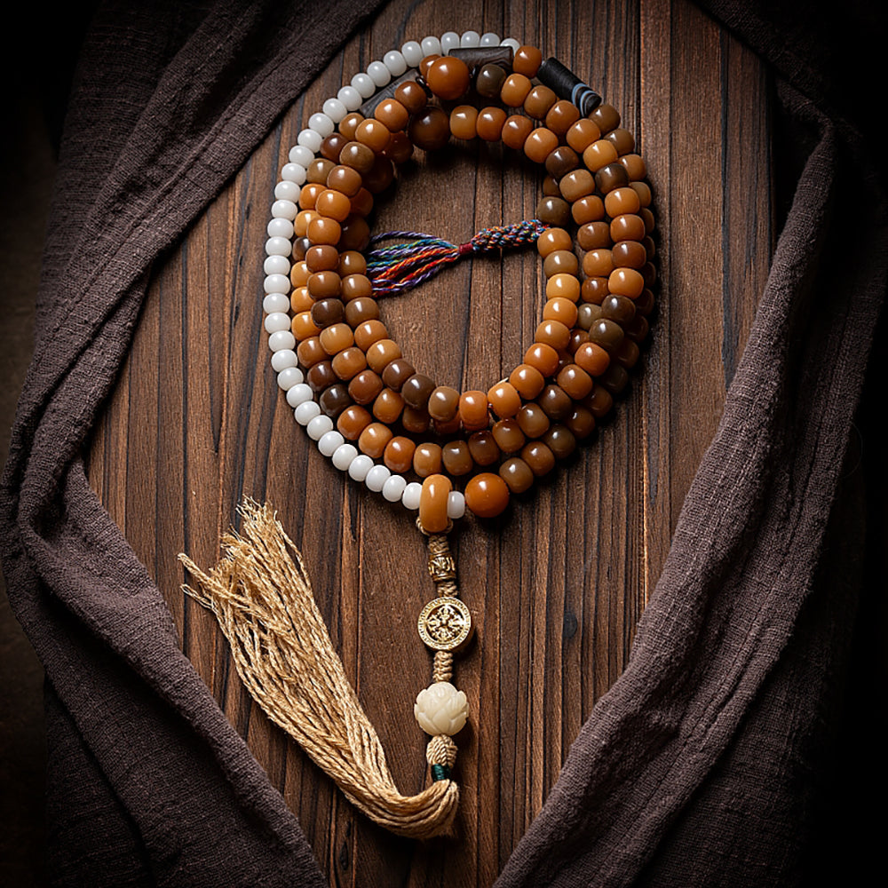 Tibetan White Jade Bodhi Wealth Necklace