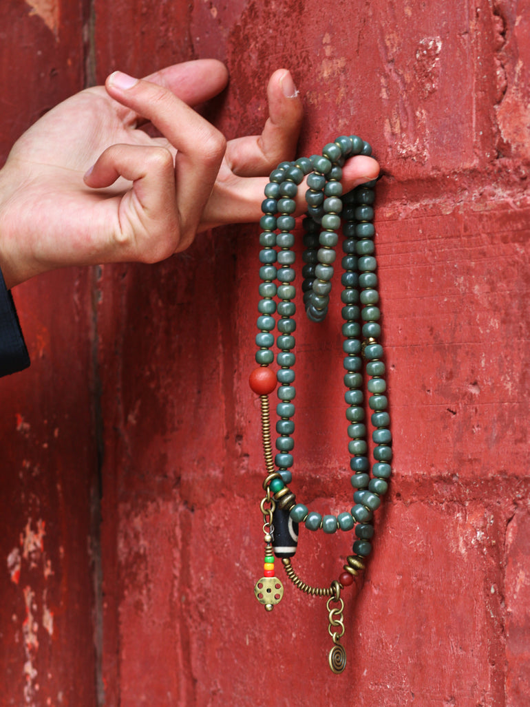 108 Bodhi Seed Dzi Bead Copper Mala Necklace