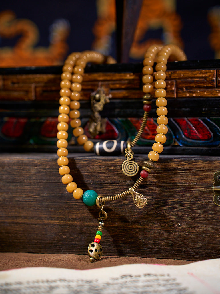108 Bodhi Seed Dzi Copper Charm Mala Necklace
