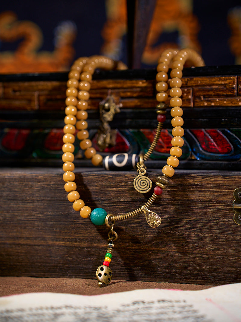 Earth & Bone 108 Bodhi Seed Dzi Copper Charm Mala Necklace