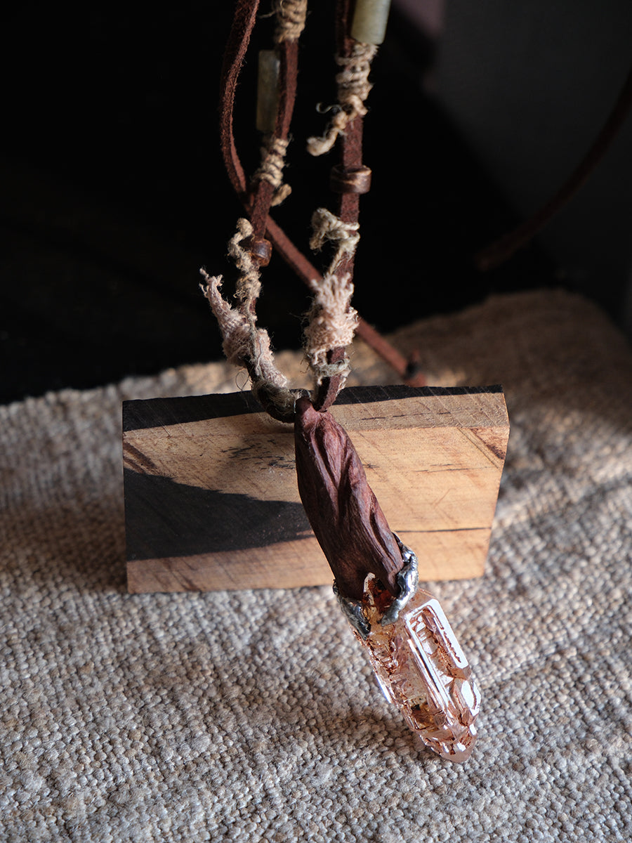 Red Clay Skeletal Quartz Sterling Silver Yak Leather Tibetan Necklace