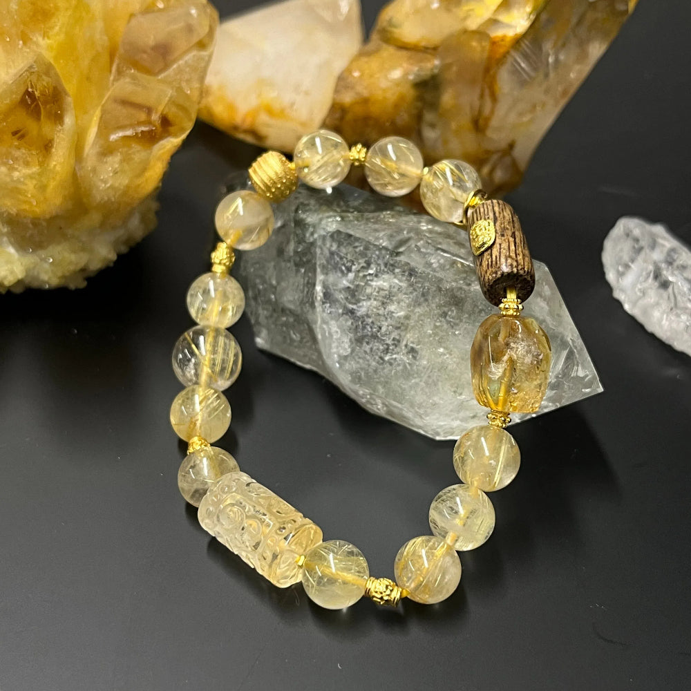 Citrine Wealth Prosperity Bracelet with 18k Gold and Tribal Pattern