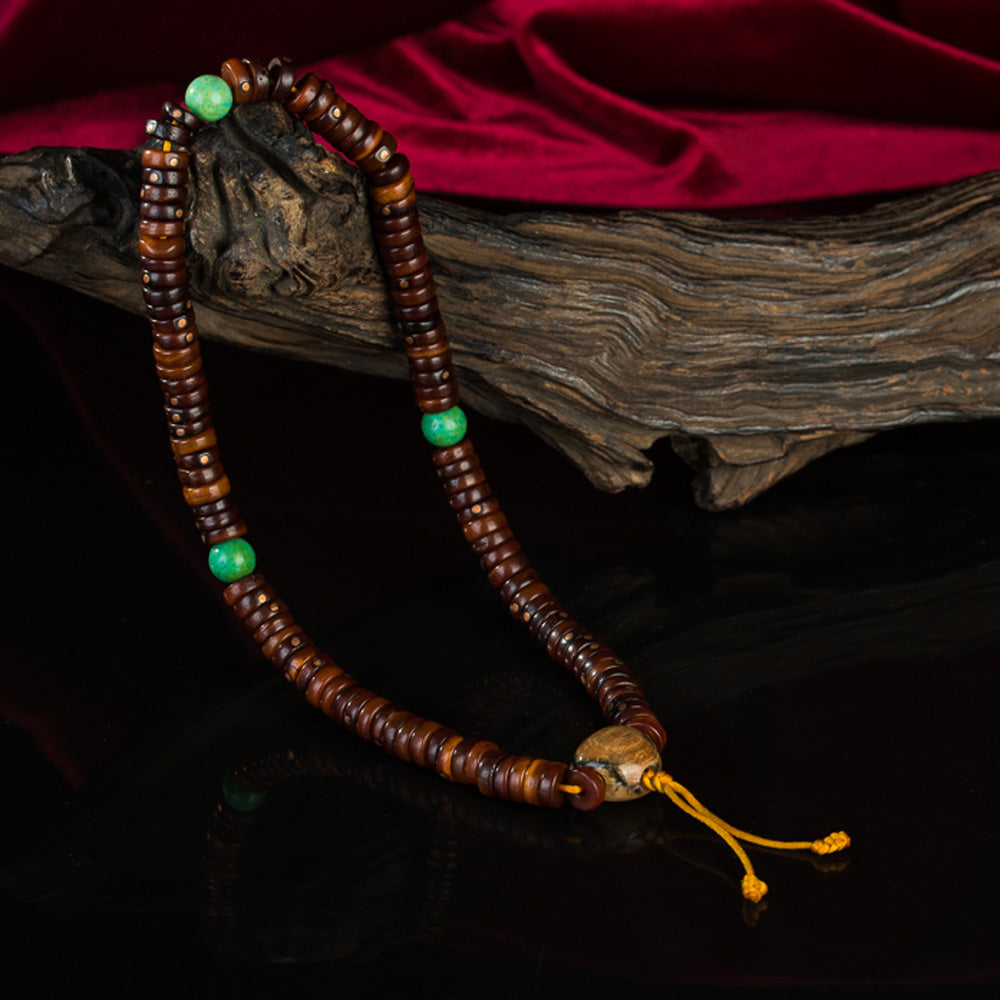 108 Bead Tibetan Old Jade Rosary – High-End Copper Inlay Meditation Bracelet