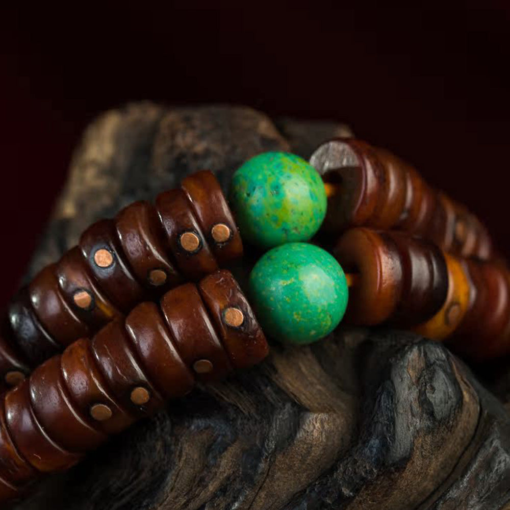 108 Bead Tibetan Old Jade Rosary – High-End Copper Inlay Meditation Bracelet