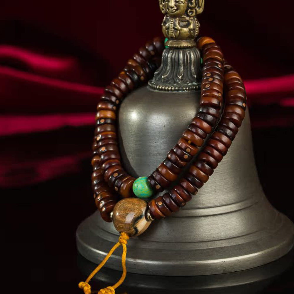 108 Bead Tibetan Old Jade Rosary – High-End Copper Inlay Meditation Bracelet