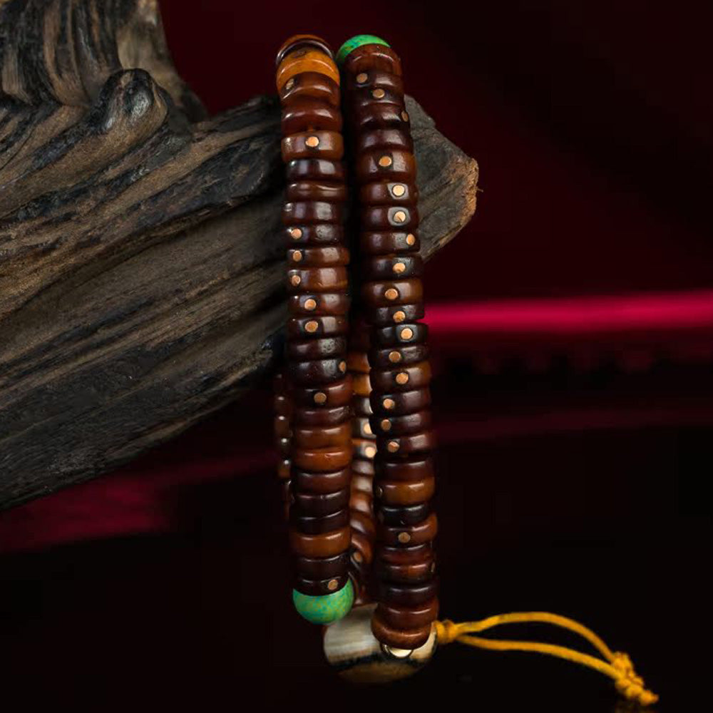 108 Bead Tibetan Old Jade Rosary – High-End Copper Inlay Meditation Bracelet