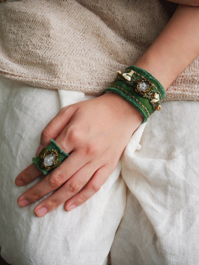 Clarity Handwoven Plant-Dyed Vintage Cloth Herkimer Diamond Ring & Bracelet