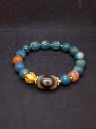 Agatized Coral Three-Eyed Dzi Bead Silver Energy Bracelet