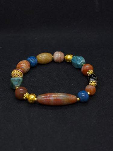 Agatized Coral Wisdom Guardian Three-Eyed Dzi Silver Energy Bracelet