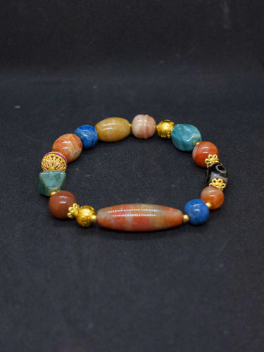 Agatized Coral Wisdom Guardian Three-Eyed Dzi Silver Energy Bracelet