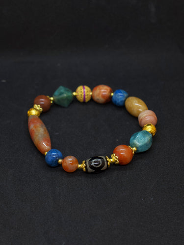 Agatized Coral Wisdom Guardian Three-Eyed Dzi Silver Energy Bracelet