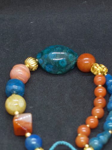 Agatized Coral Gold-Silver Tassel Energy Bracelet