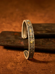 Om Mani Padme Hum Silver Plated Cuff Bracelet with Gold Handmade