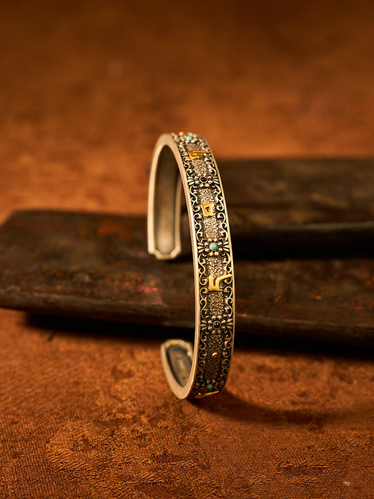Om Mani Padme Hum Silver Plated Cuff Bracelet with Gold Handmade