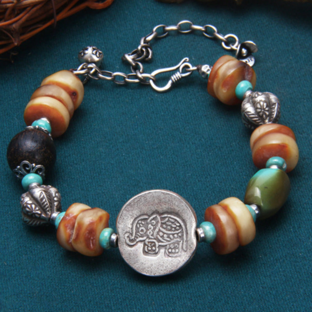 Elephant Fortune Amber Silver Bracelet Handcrafted for Prosperity and Balance