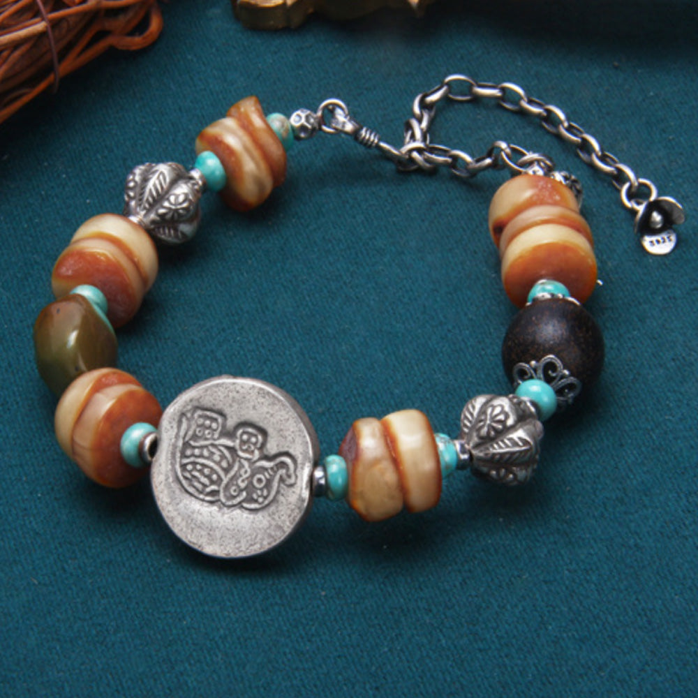 Elephant Fortune Amber Silver Bracelet Handcrafted for Prosperity and Balance