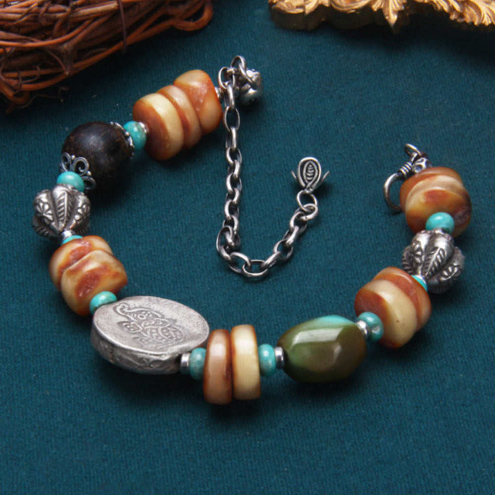 Elephant Fortune Amber Silver Bracelet Handcrafted for Prosperity and Balance